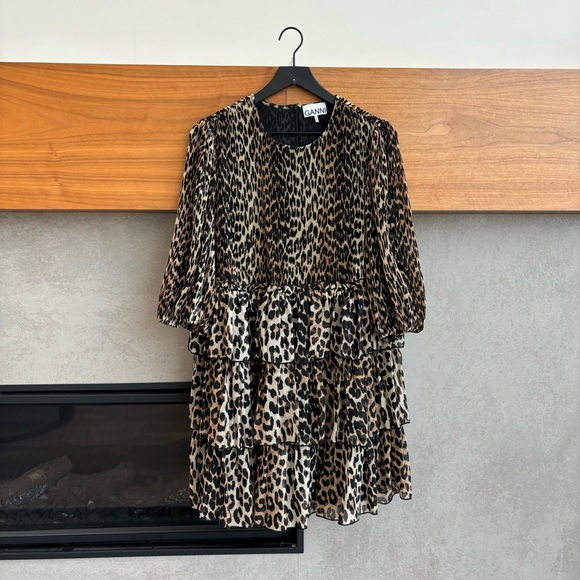 GANNI Pleated Leopard Print Georgette Mini Dress, Size M - Picture 6 of 16